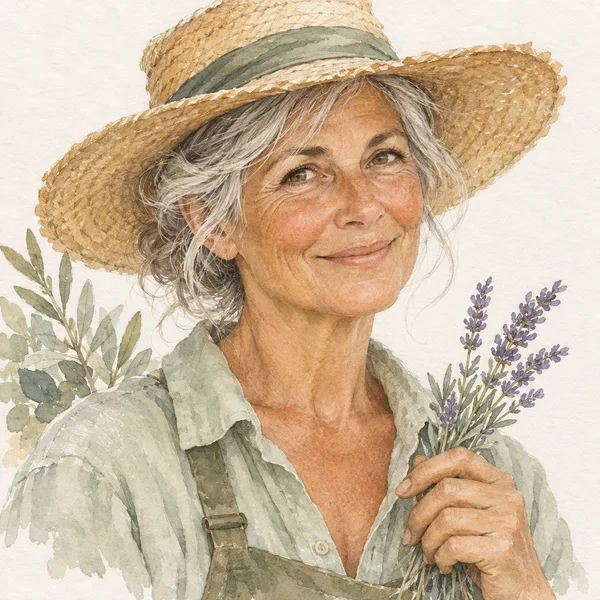 Portrait illustré de Mireille Castan, une femme aux cheveux argentés sous un chapeau de paille, un brin de lavande à la main