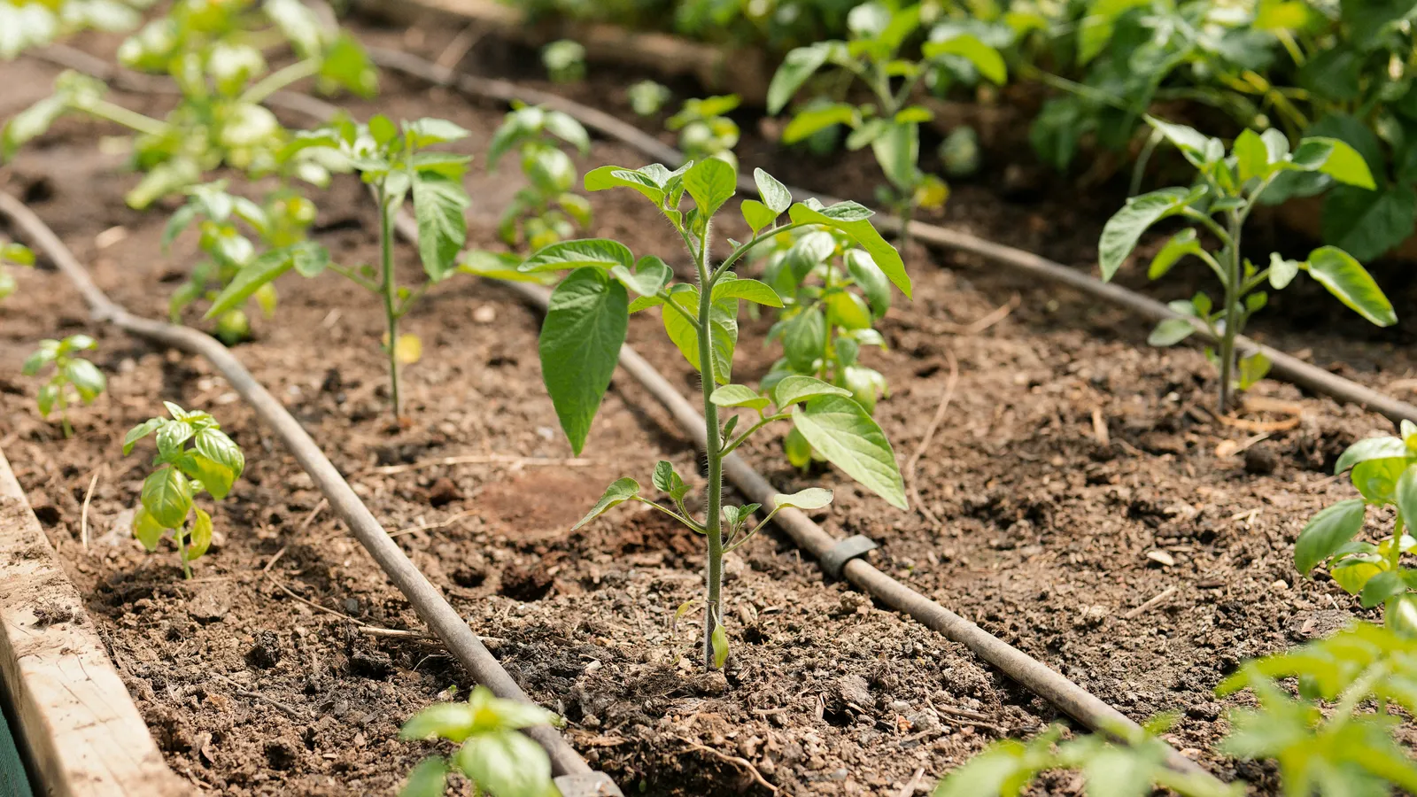 Jeunes plants de légumes alignés en rangs, avec tuyaux d’irrigation au pied dans un carré potager